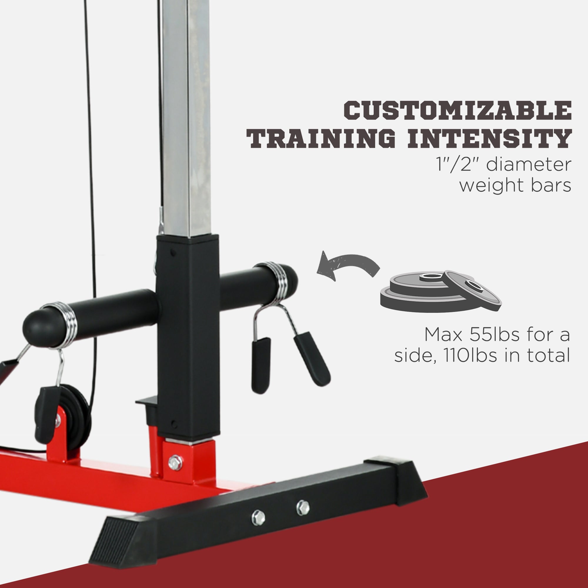Lat Pull Down Machine, High / Low Pulley Machine with Adjustable Seat and Flip-Up Footplate, Red