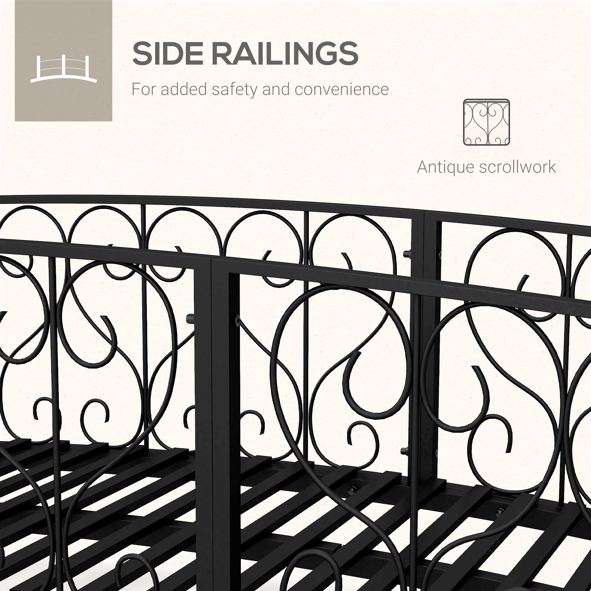 7' Metal Arch Garden Bridge Arc Footbridge with Side Railings Decorative Scrollwork, Black
