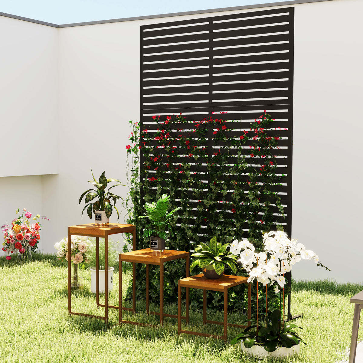 Decorative Privacy Fence Screen, Metal Outdoor Privacy Screen Climbing Plant Trellis with Stand, 78" H x 48" W, Black