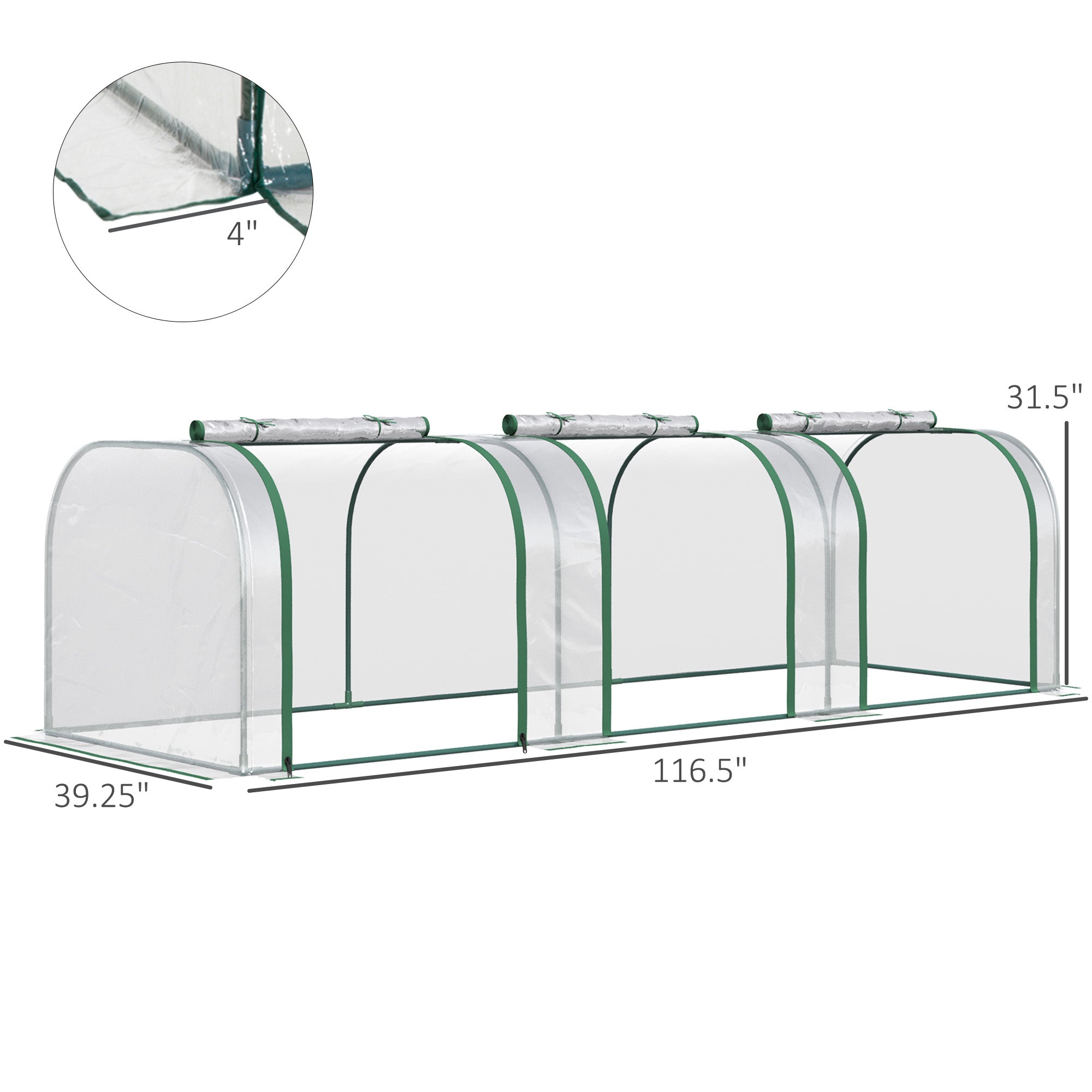 9.7' L x 3' W x 2.5' H Portable Tunneled Greenhouse with 3 Zippered Doors, Water/UV Fighting PVC Cover