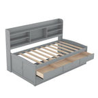 Classic Style Twin Size Wooden Captain Bed with Built-in Bookshelves, 3 Storage Drawers, and Trundle, 77.5" L x 88" W x 47" H, Grey