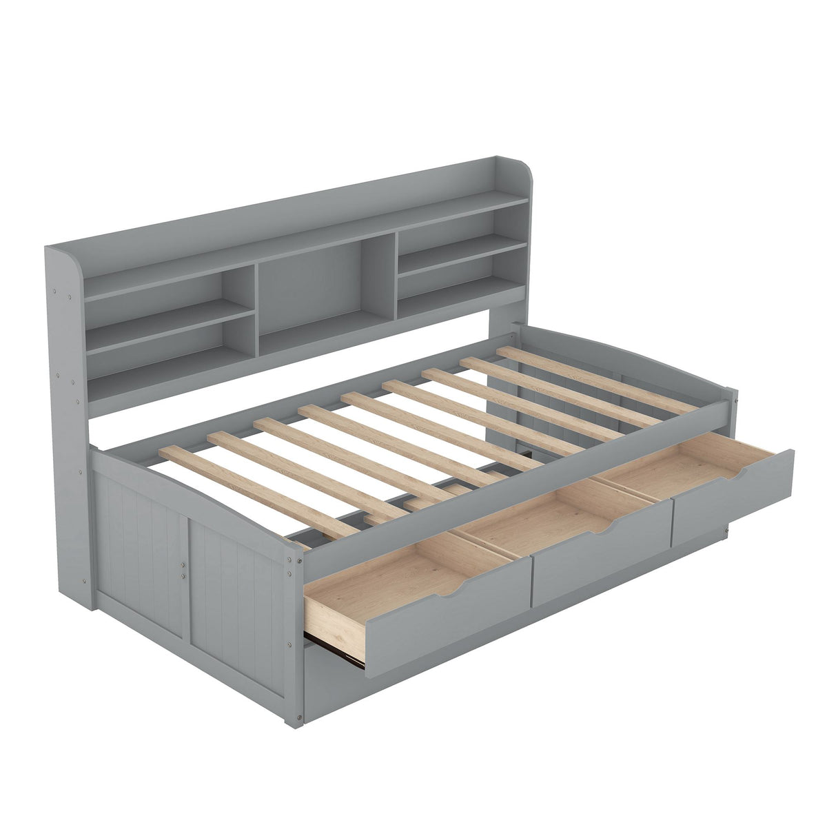 Classic Style Twin Size Wooden Captain Bed with Built-in Bookshelves, 3 Storage Drawers, and Trundle, 77.5" L x 88" W x 47" H, Grey
