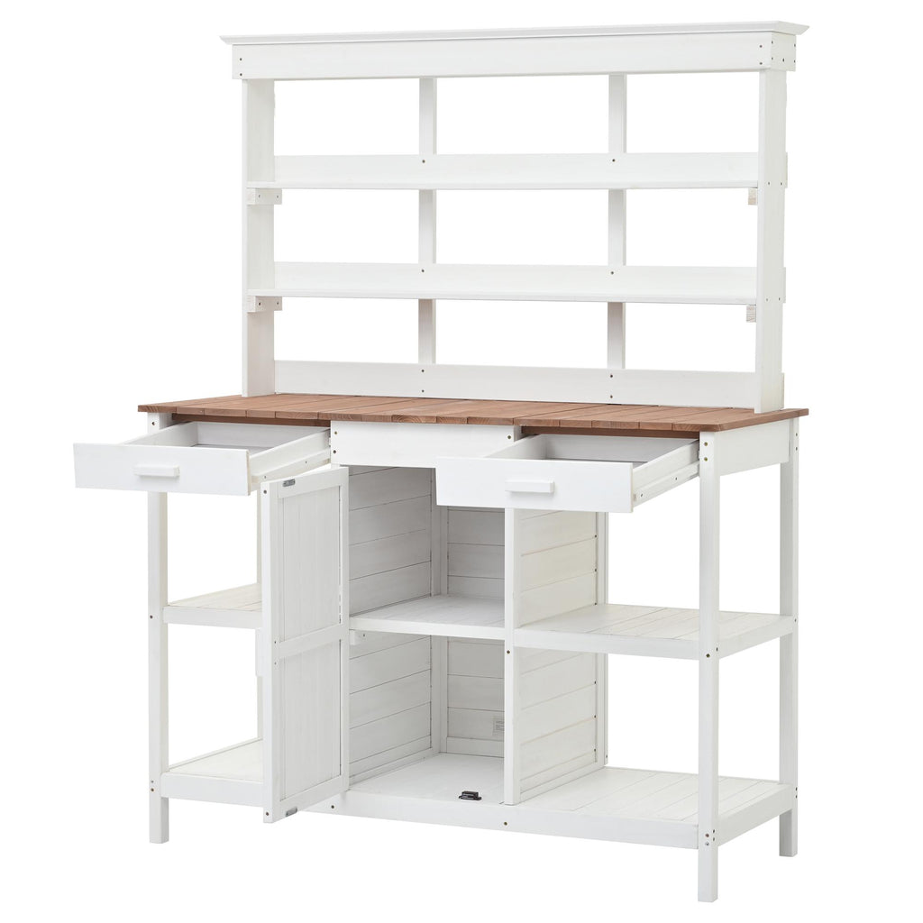 Large Wooden Potting Bench with 2 Drawer, Cabinet, Open Shelf, Farmhouse Garden Workstation for Backyard, 50'' L x 19.5'' W x 66'' H, White