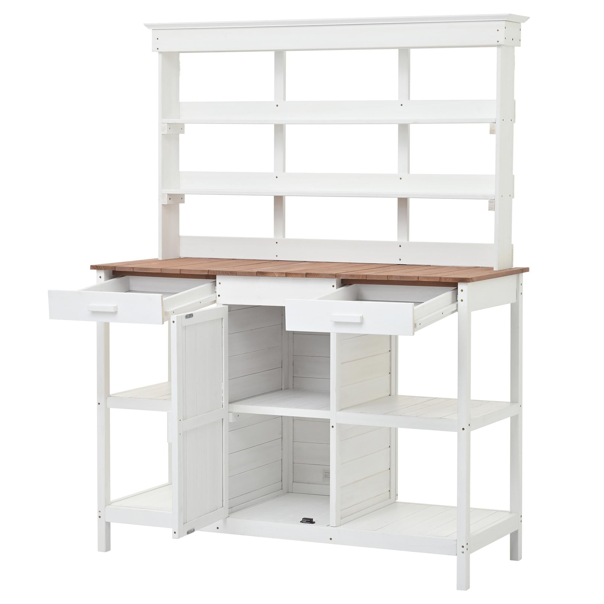 Large Wooden Potting Bench with 2 Drawer, Cabinet, Open Shelf, Farmhouse Garden Workstation for Backyard, 50'' L x 19.5'' W x 66'' H, White