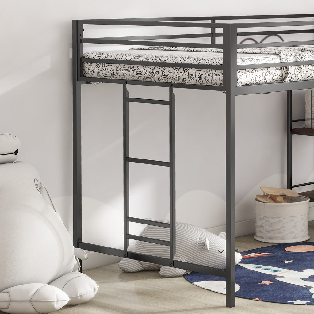 Junior Twin Loft Metal Bunk Bed Frame with Cinnamon Wood Shelf, Full-Length Guardrails, Anti-Noise Design, Easy Assembly, 76.69″ L x 40.94″ W x 49.49″ H, Black