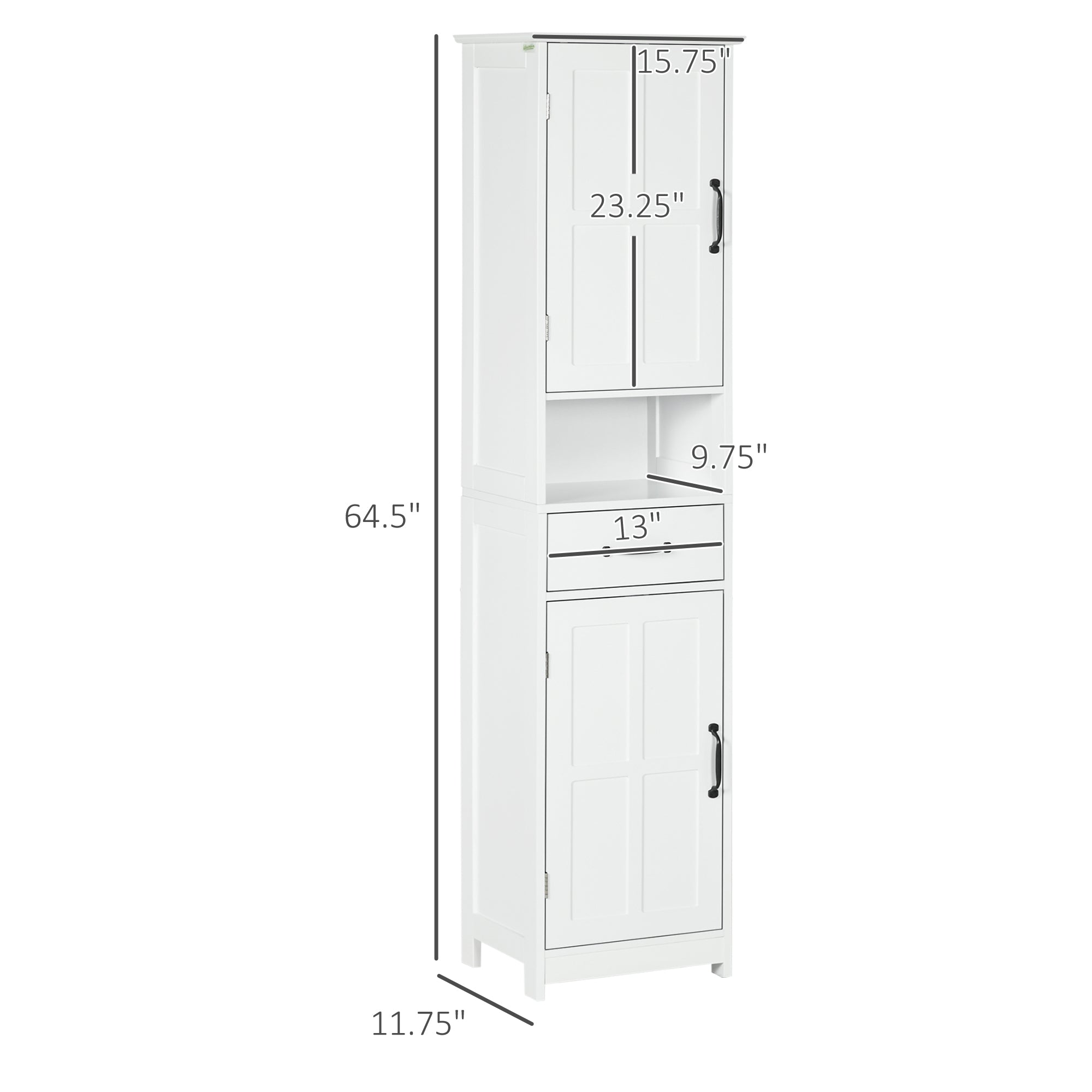 Modern Bathroom Cabinet, Narrow Storage Cabinet with Open Shelf, Drawer, Recessed Doors and Adjustable Shelves, White