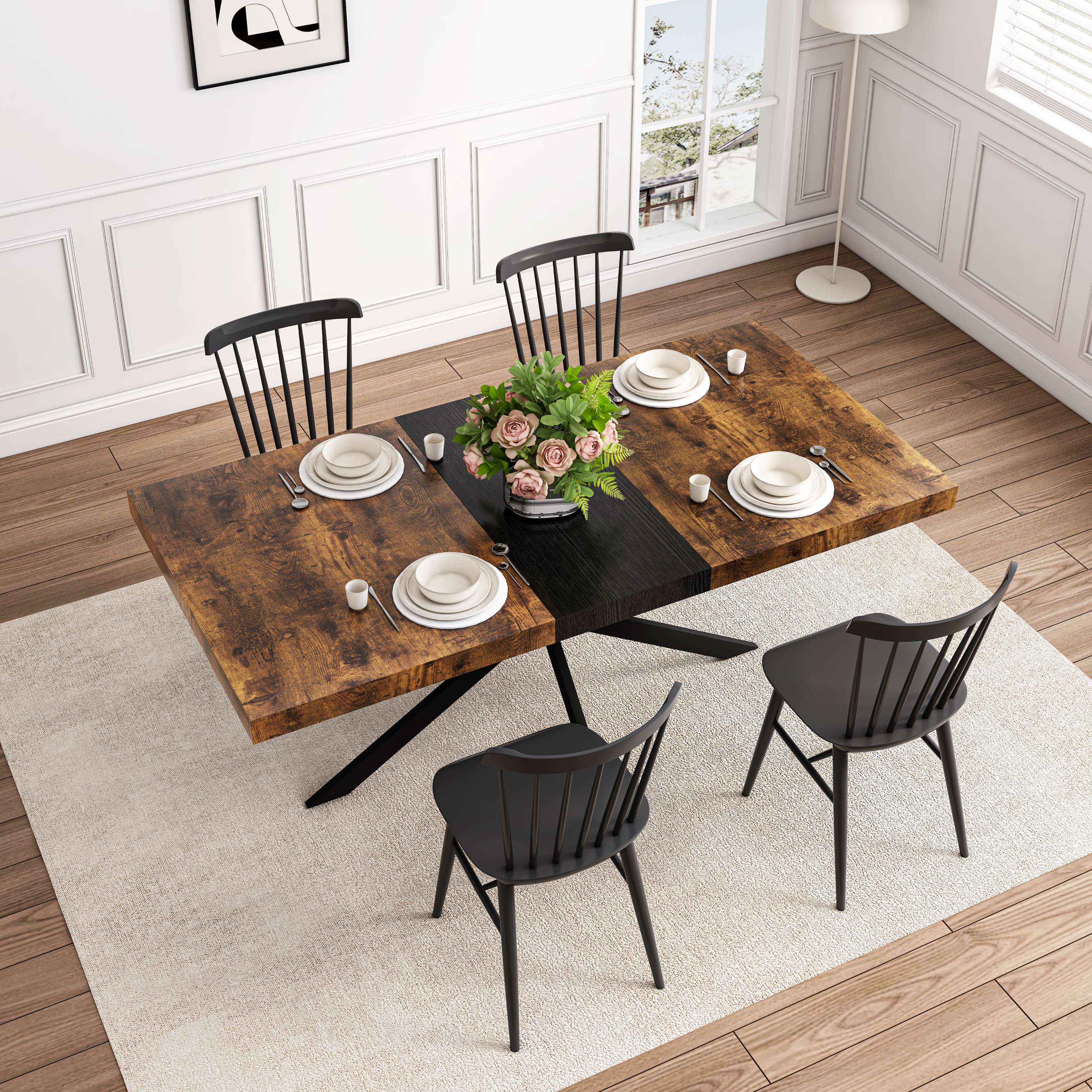 Retro Rectangular Stretch Dining Table, Antique Wood Top, Black Iron Base, with Storage Box, 55.11"-70.86", Black Brown
