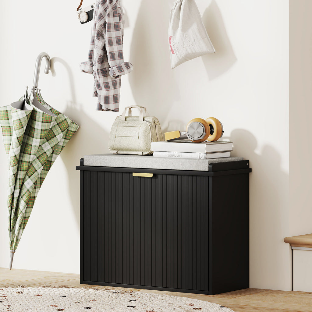 Shoe Storage Bench with Padded Seat Cushion and Flip-Drawer, Entryway Bench, Shoe Cabinet, 24.4x10.2x18.7 Inches, Black