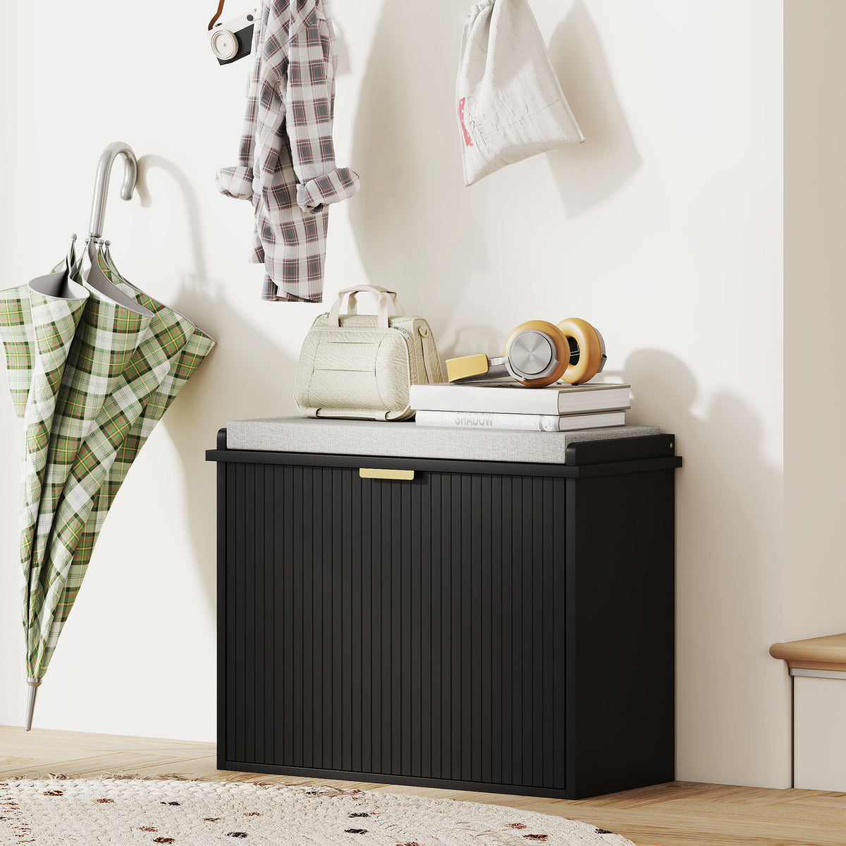 Shoe Storage Bench with Padded Seat Cushion and Flip-Drawer, Entryway Bench, Shoe Cabinet, 24.4x10.2x18.7 Inches, Black