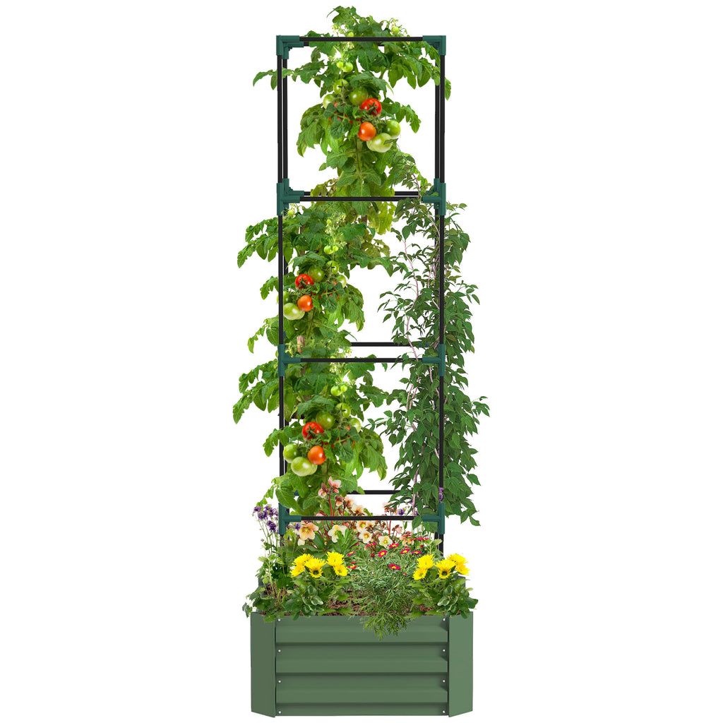 Galvanized Planter Box, 24" x 24" x 73.5" Raised Garden Bed with Tomato Cage for Climbing Vines, Green