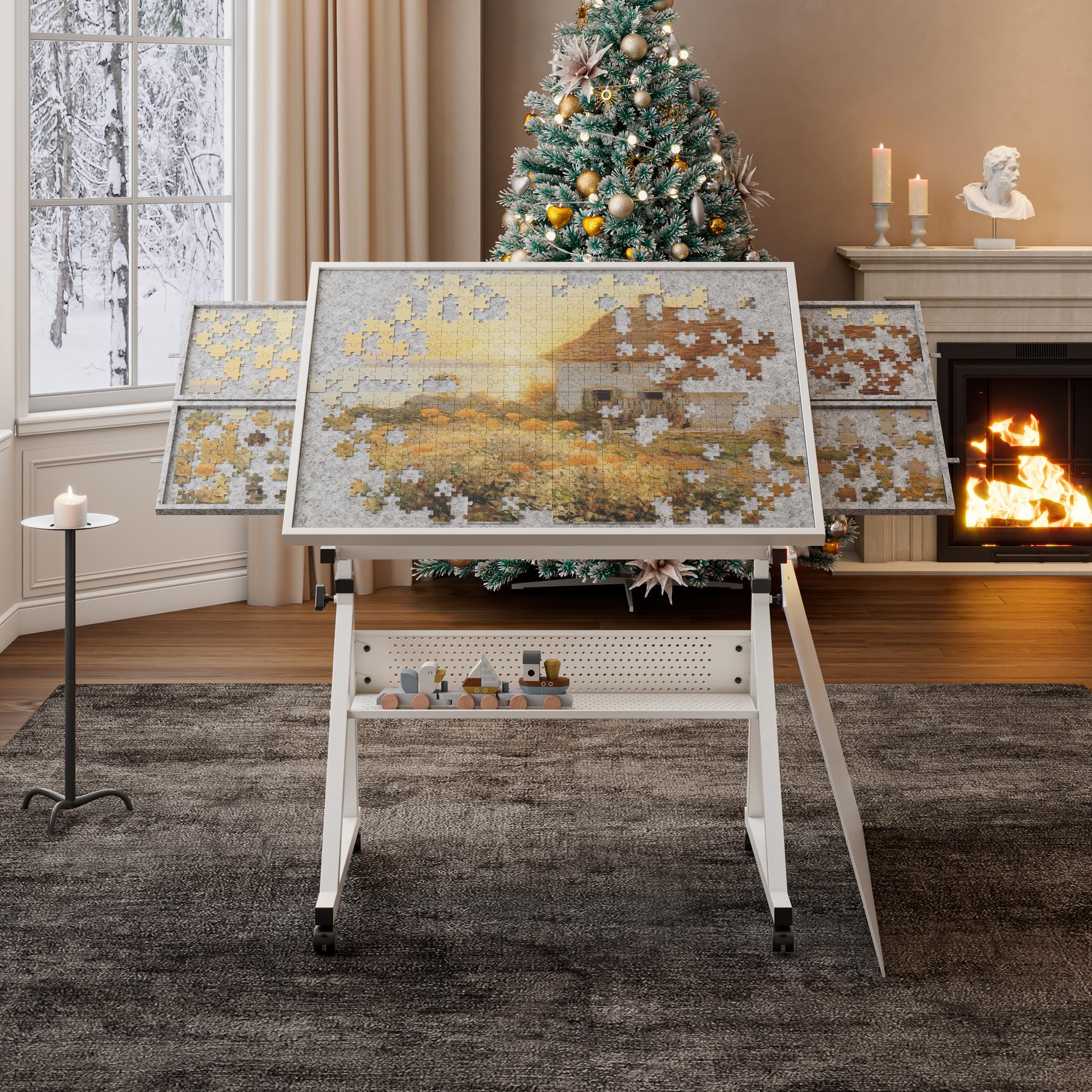 1500-Piece Jigsaw Puzzle Table with 4 Felt Storage Trays, Locking Casters, Drawing Desk with Wooden Cover, 35.5" L x 23.5" W x 29.5" H, White