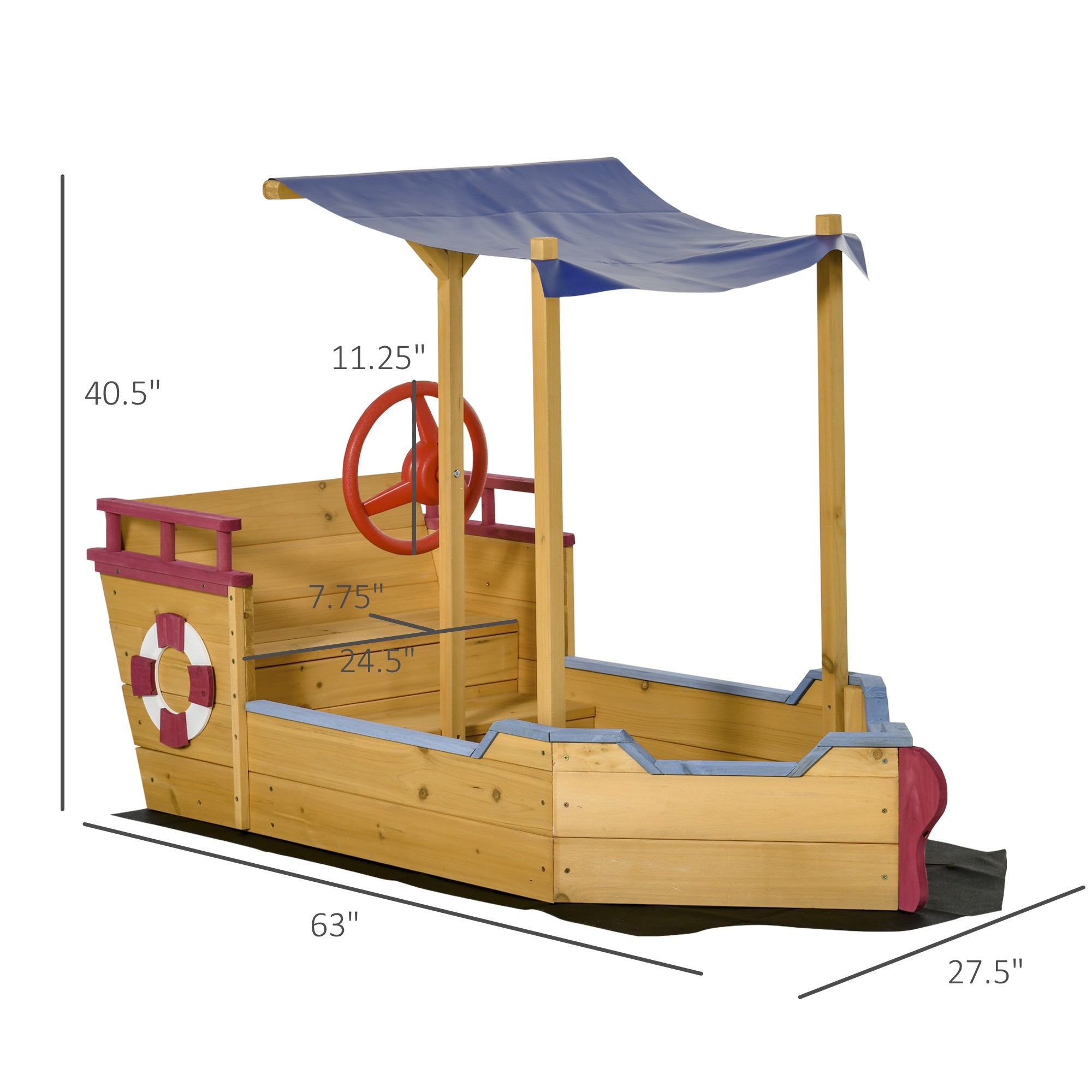 Kids Wooden Sandbox, w/ Canopy Bench Seat Storage Space, Aged 3-8 Years Old