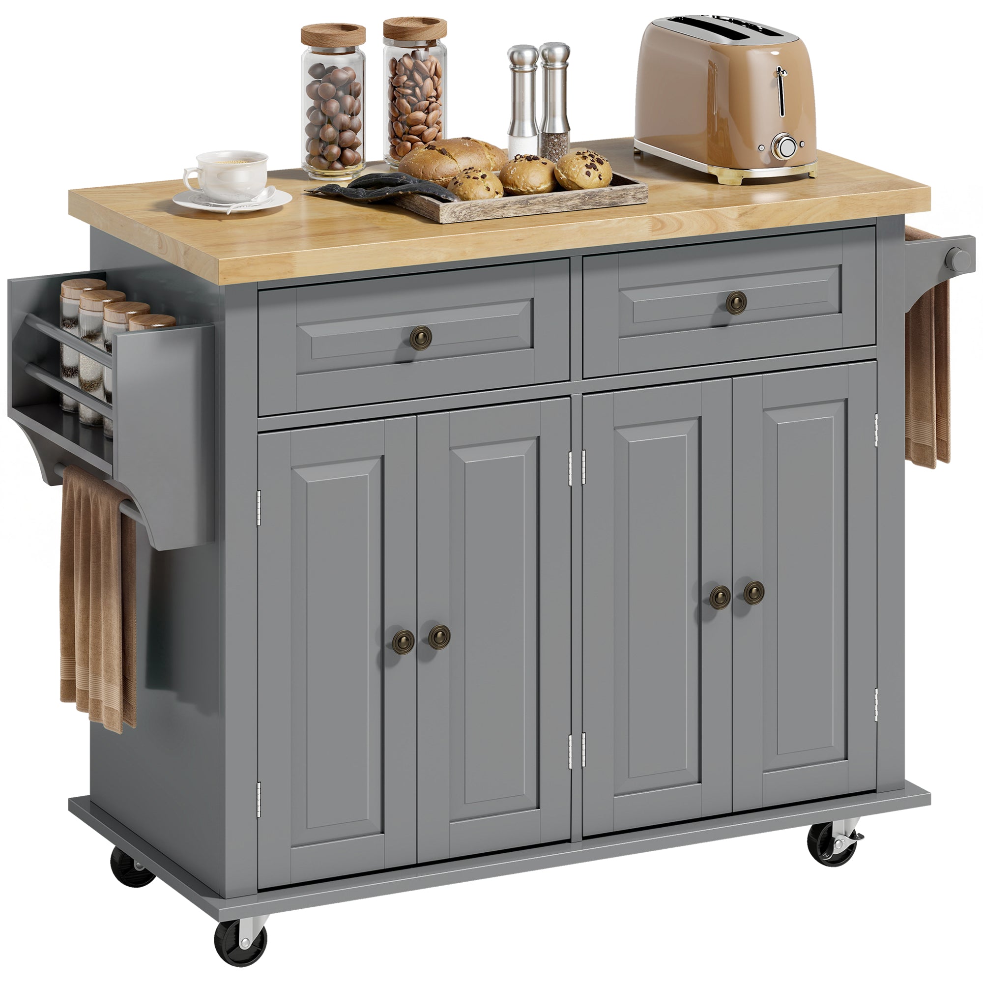 44" Mobile Kitchen Island Table, Kitchen Island Cart on Wheels with Storage Cabinets, 2 Drawers, Gray