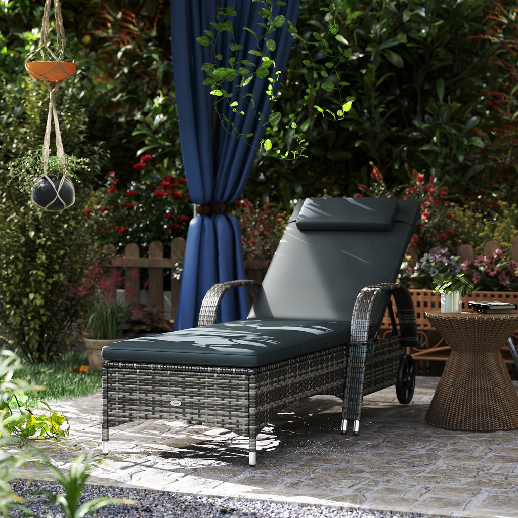 Outdoor Chaise Lounge, 5-Level Adjustable Backrest Rattan Pool Lounge Chair with Wheels, Cushion & Headrest, Black