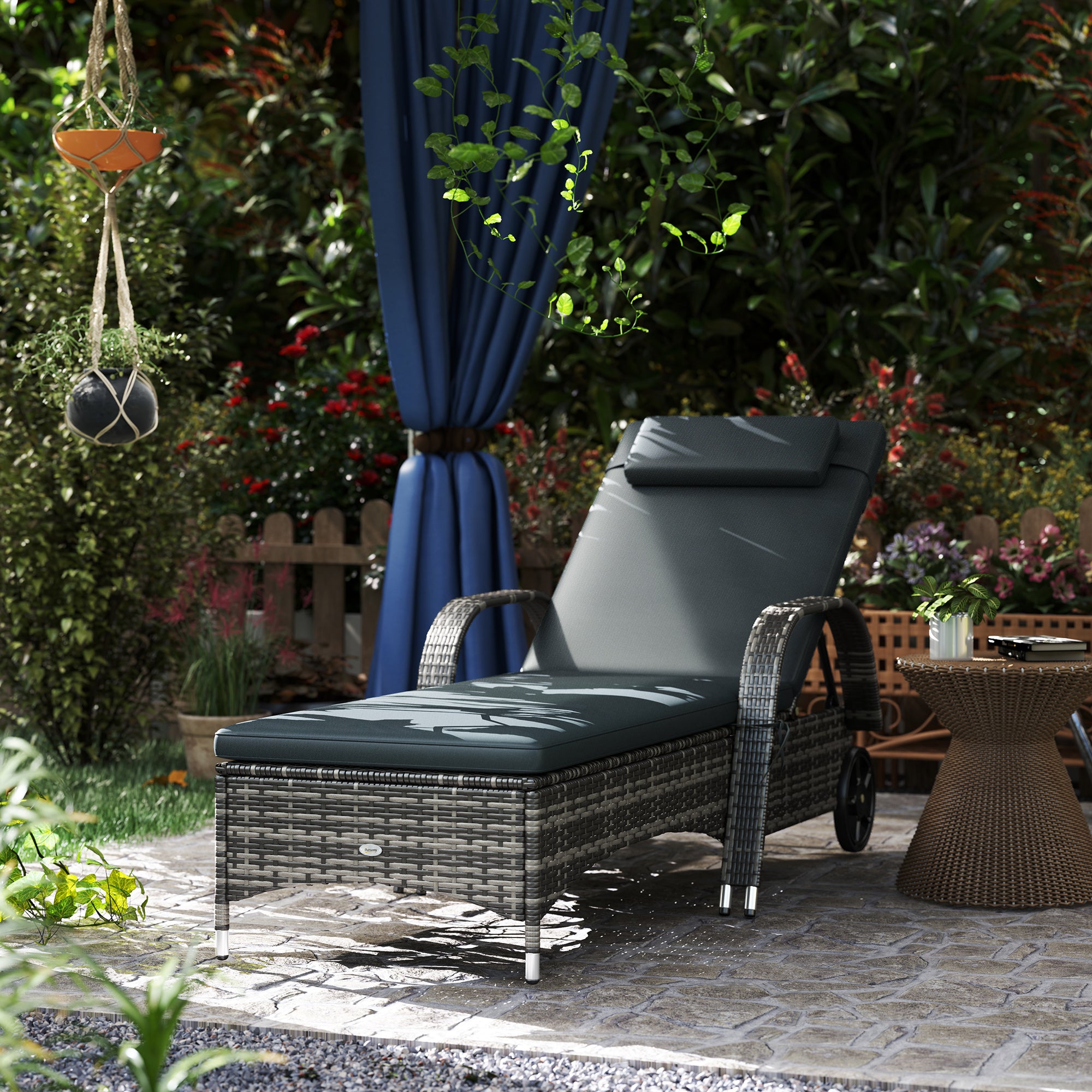 Outdoor Chaise Lounge, 5-Level Adjustable Backrest Rattan Pool Lounge Chair with Wheels, Cushion & Headrest, Black