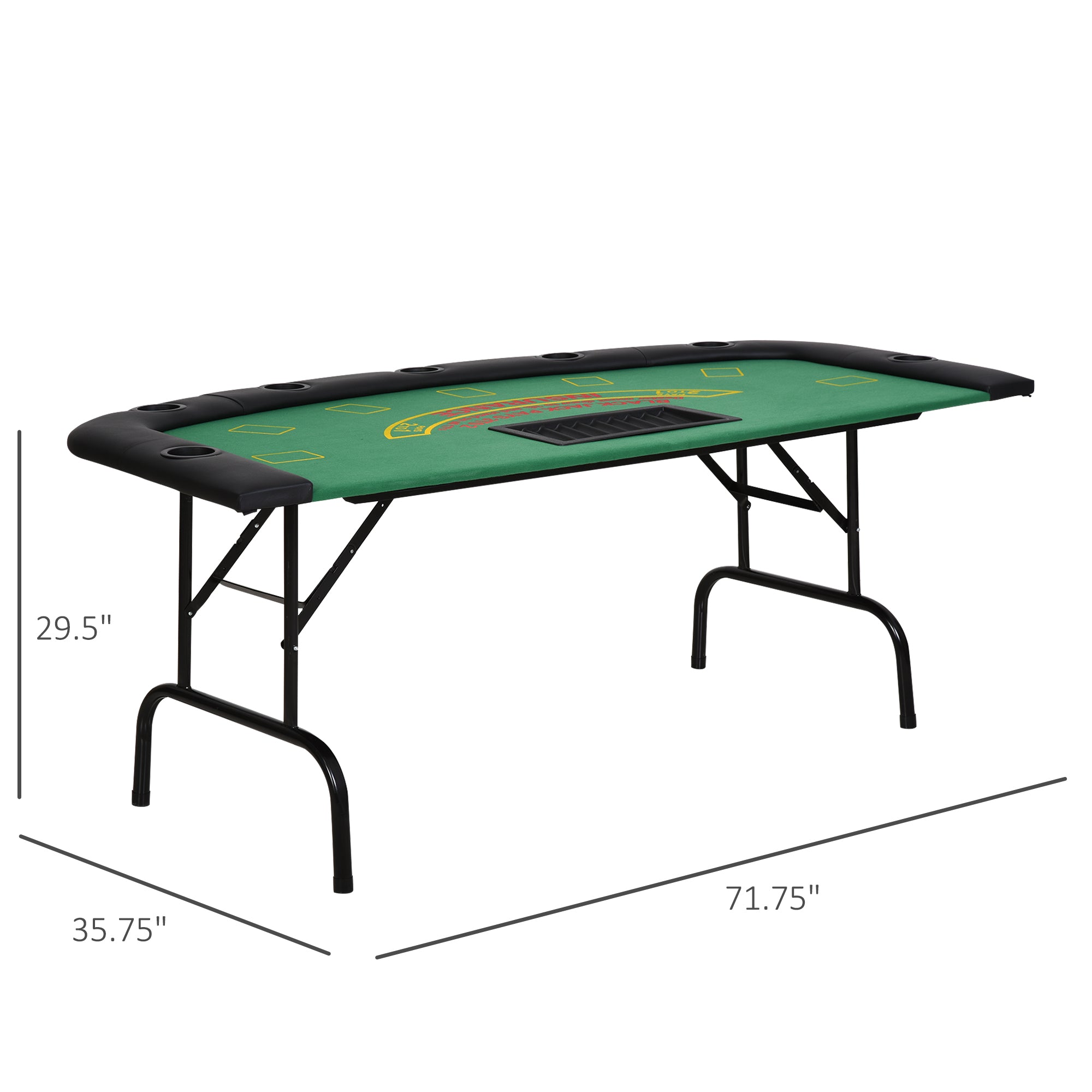Poker Table Foldable, 72" Blackjack Table for 7 Players with Chip & Cup Holder, Green Felt