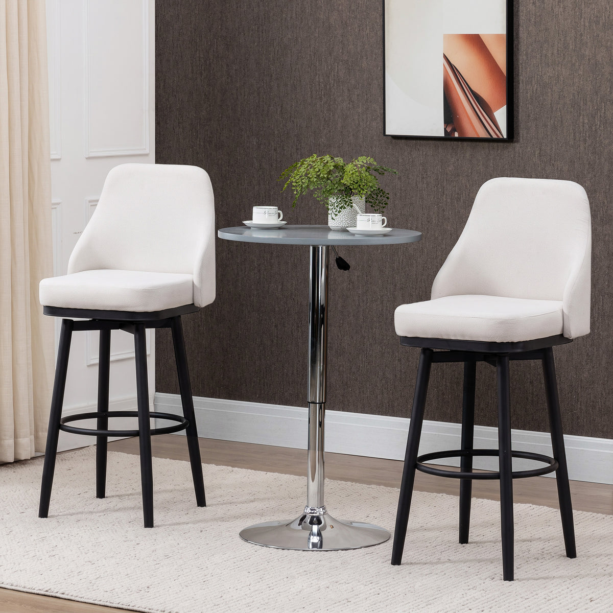 Bar Height Bar Stools Set of 2, Modern 360° Swivel Kitchen Chairs with Steel Legs and Footrest, 29.5 Inch Seat Height Upholstered Barstools for Kitchen Island, Cream White