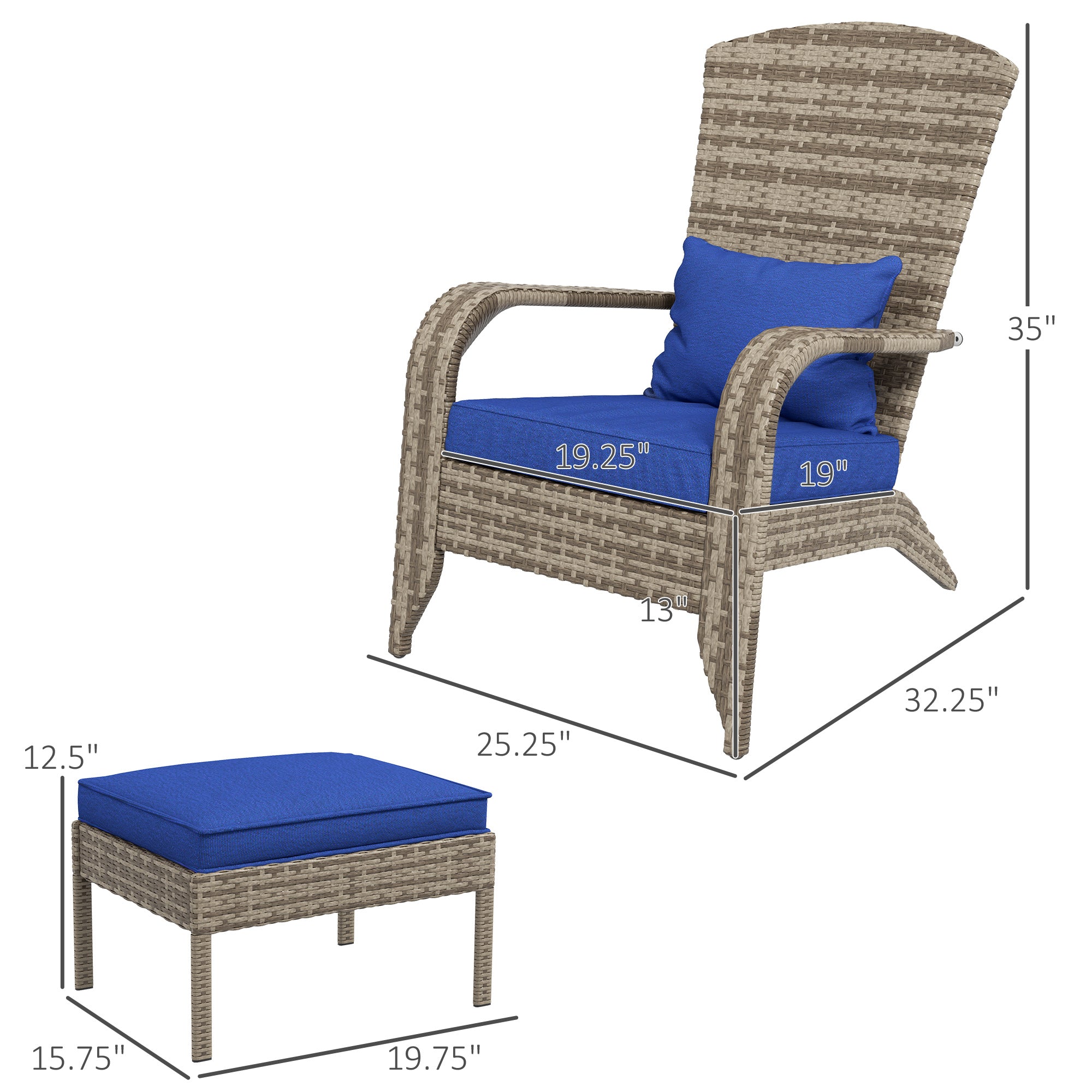 Wicker Adirondack Chair Fire Pit Chair w/ Ottoman & Cushions, Blue