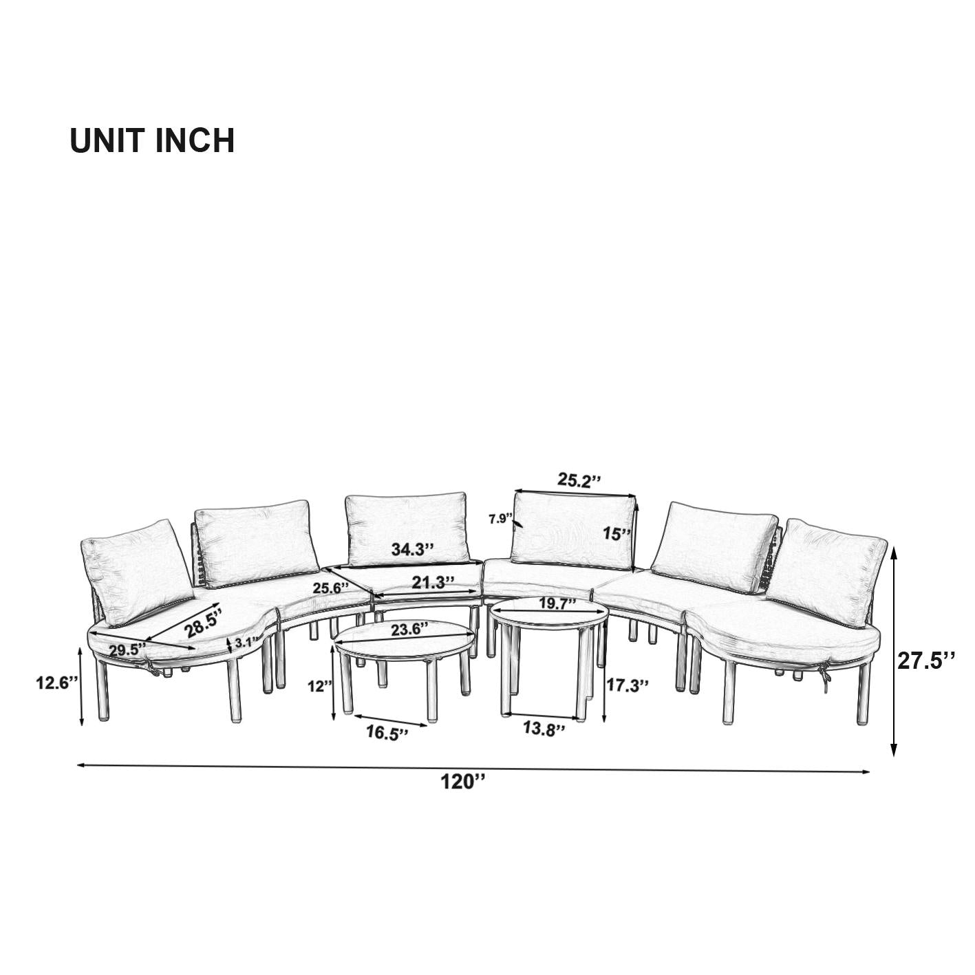 8-Piece Half Moon Sectional Sofa with 2 Coffee Table & Cushion, PE Wicker Patio Furniture for Backyard, 34.5'' L x 25.5'' W x 12.5'' H, Gray