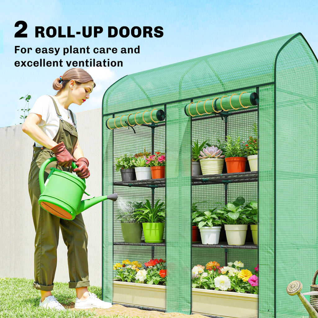3 Tier Mini Greenhouse, Small Portable Greenhouse with 2 Roll-up Doors, 56.3" x 18.1" x 65", Green