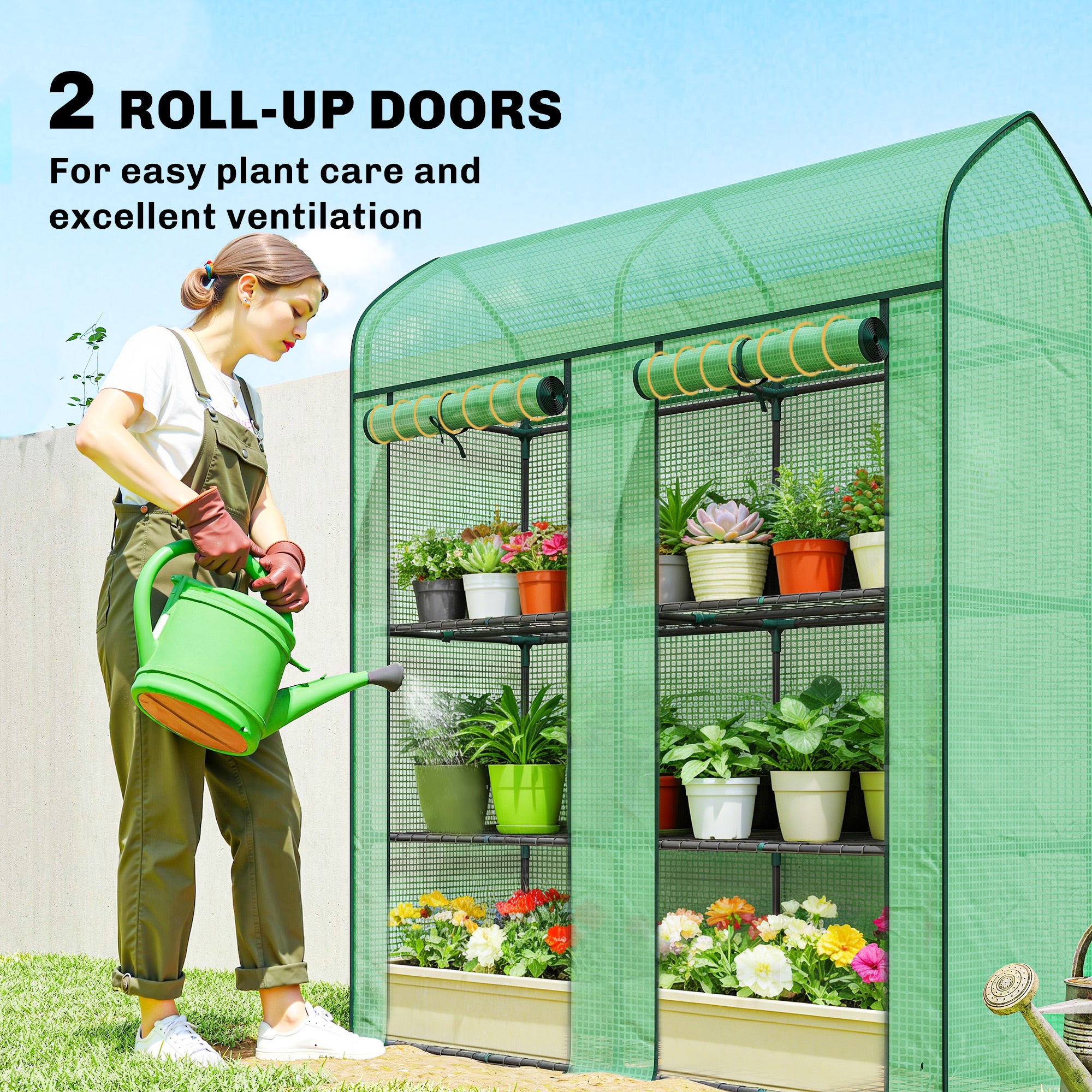 3 Tier Mini Greenhouse, Small Portable Greenhouse with 2 Roll-up Doors, 56.3" x 18.1" x 65", Green