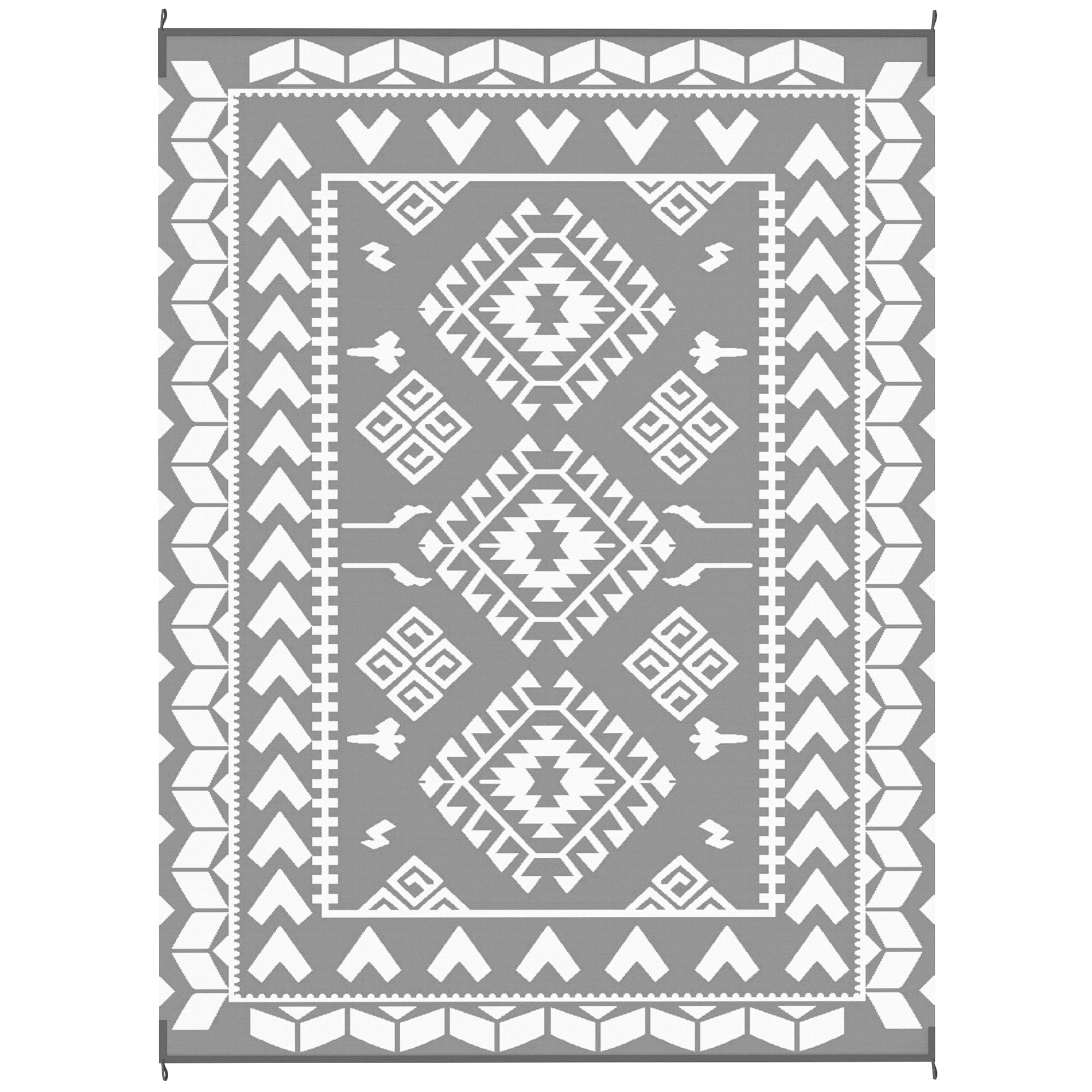 Reversible Outdoor Rug, Waterproof Plastic Straw with Carry Bag, 9' x 12', Gray & White Rhombus Patchwork