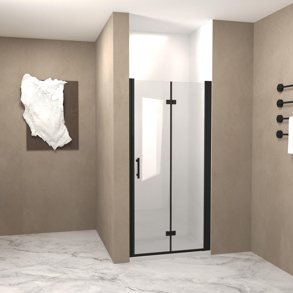 28" Bi-Fold Shower Door with Safety Film and Tempered Glass, Bathroom Door with Stainless Steel Handle, 28" L x 0.5" W x 72" H, Matte Black