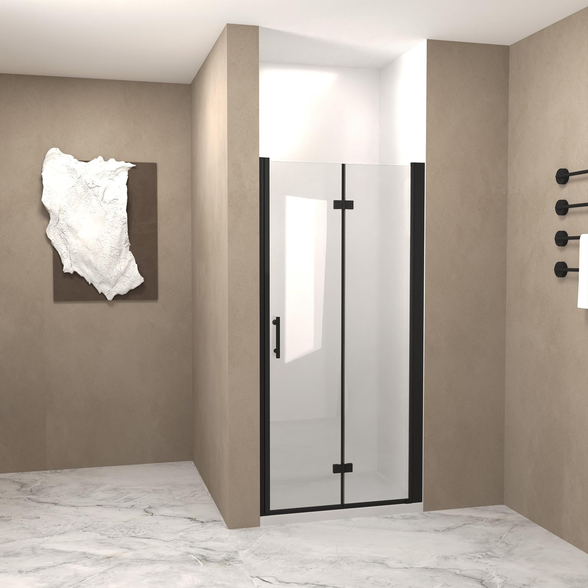 28" Bi-Fold Shower Door with Safety Film and Tempered Glass, Bathroom Door with Stainless Steel Handle, 28" L x 0.5" W x 72" H, Matte Black