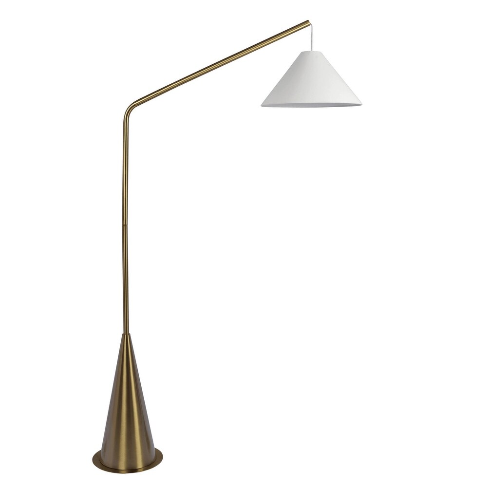 Lisbon Floor Lamp with On/Off Switch, Coned Base, Hanging White Fabric Shade, 41" L x 15" W x 67" H, Antique Brass+White