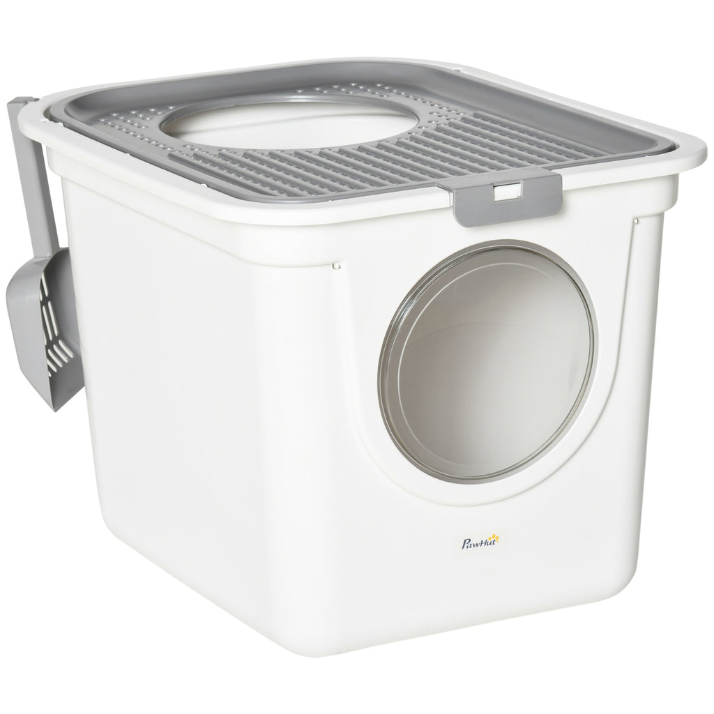 Covered Cat Litter Box, Easy Cleaning Kitty Litter Box with Front Entrance, Top Exit, Scoop, for Odor Control, White