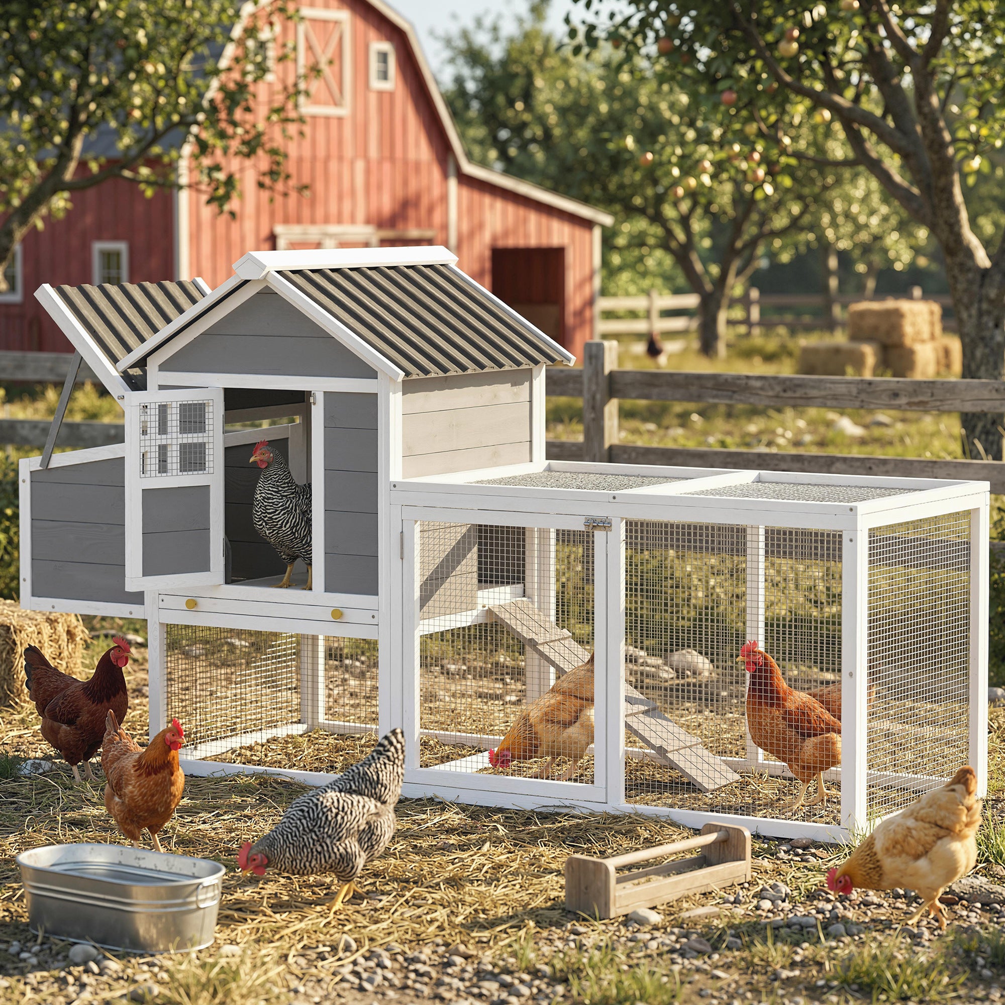 82" Wooden Chicken Coop, Large Outdoor Hen House for 2-3 Hens, Chicken House with Nesting Box, Pull-on Tray