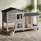 62" Wooden Mobile Rabbit Hutch with Wheels, Run Box, Slide-out Tray, Ramp