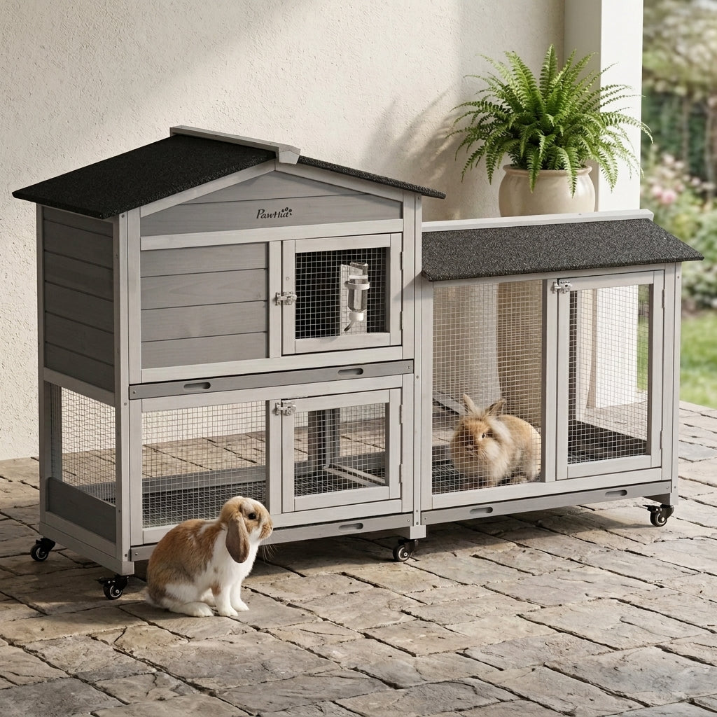62" Wooden Mobile Rabbit Hutch with Wheels, Run Box, Slide-out Tray, Ramp