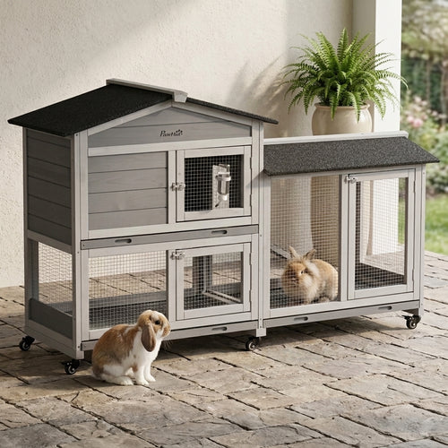 62" Wooden Mobile Rabbit Hutch with Wheels, Run Box, Slide-out Tray, Ramp