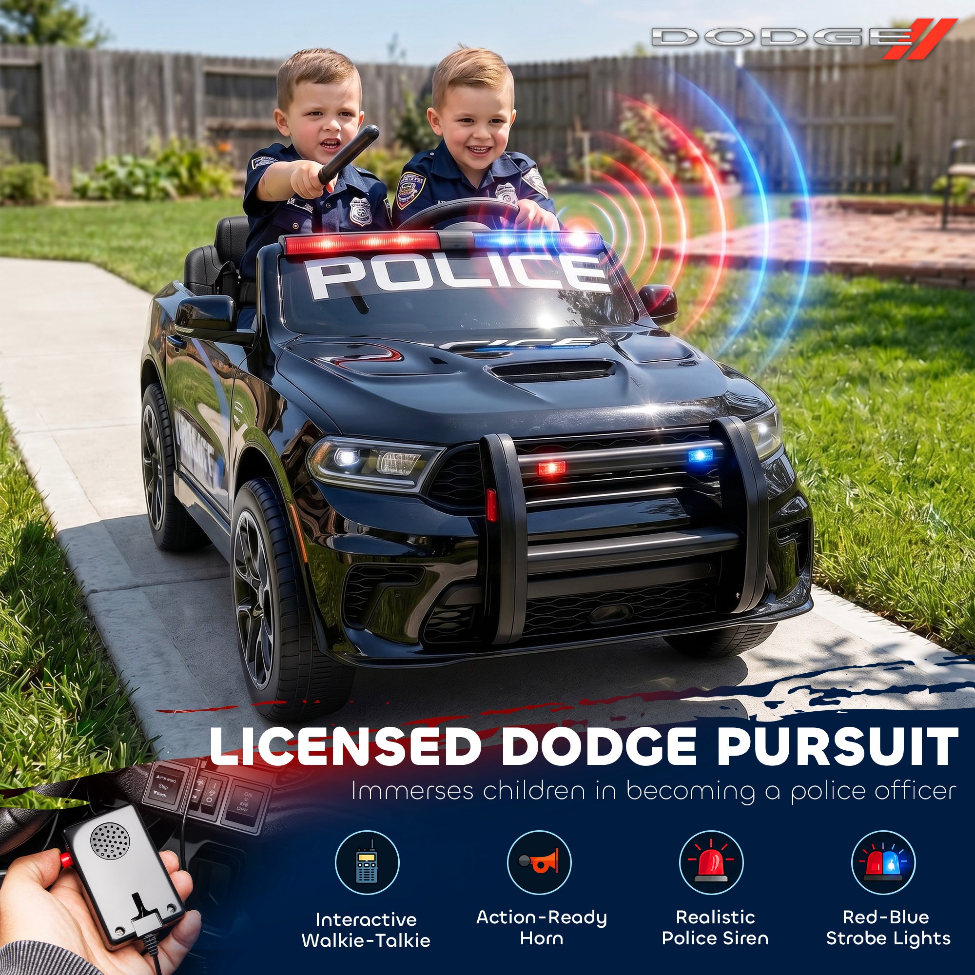 Licensed Ride On Police Car for Kids with 2 Seater, Remote, Suspension, Flashing Lights, Siren for Ages 3-6, Black