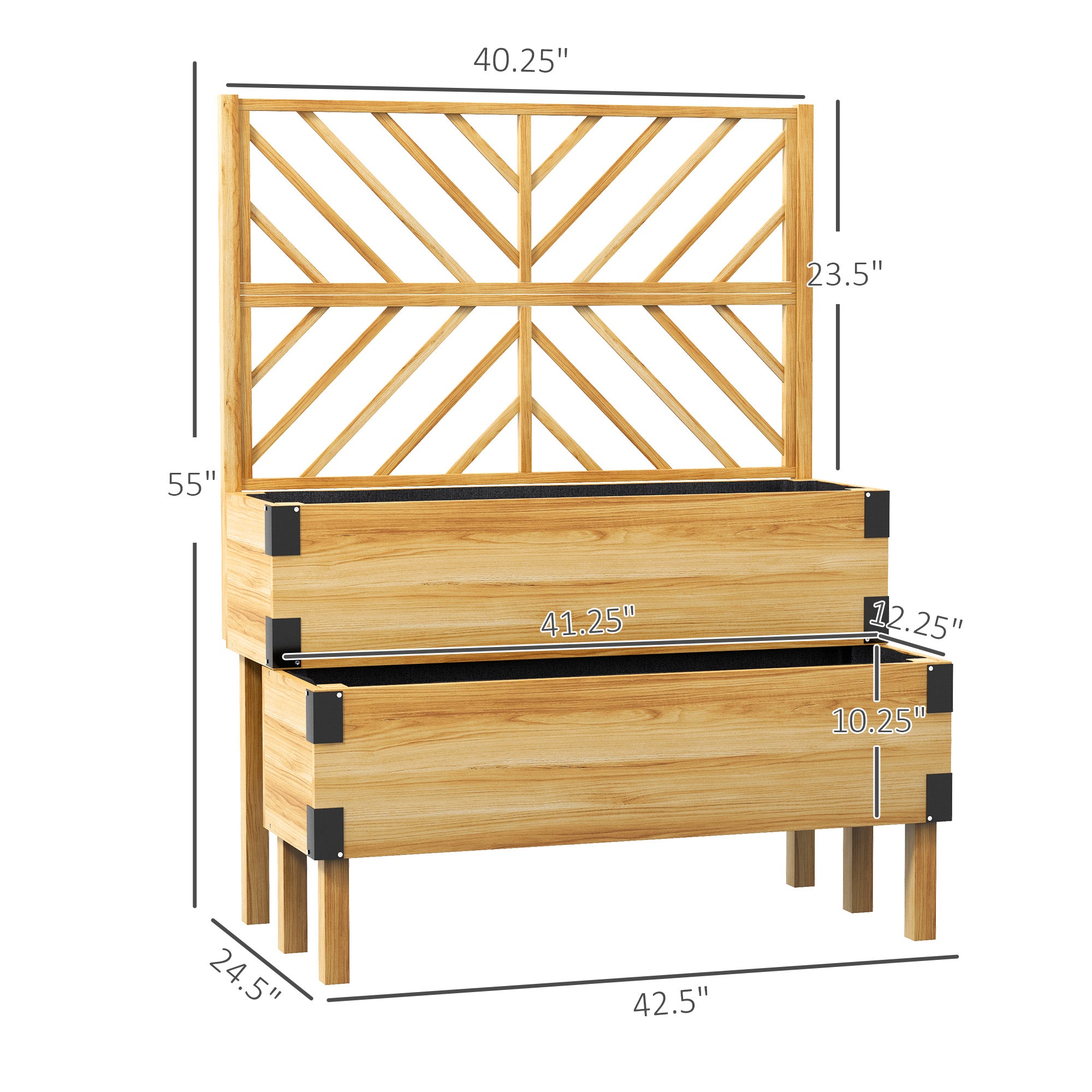 2 Tier Trellis Planter, Wooden Raised Garden Bed, Natural
