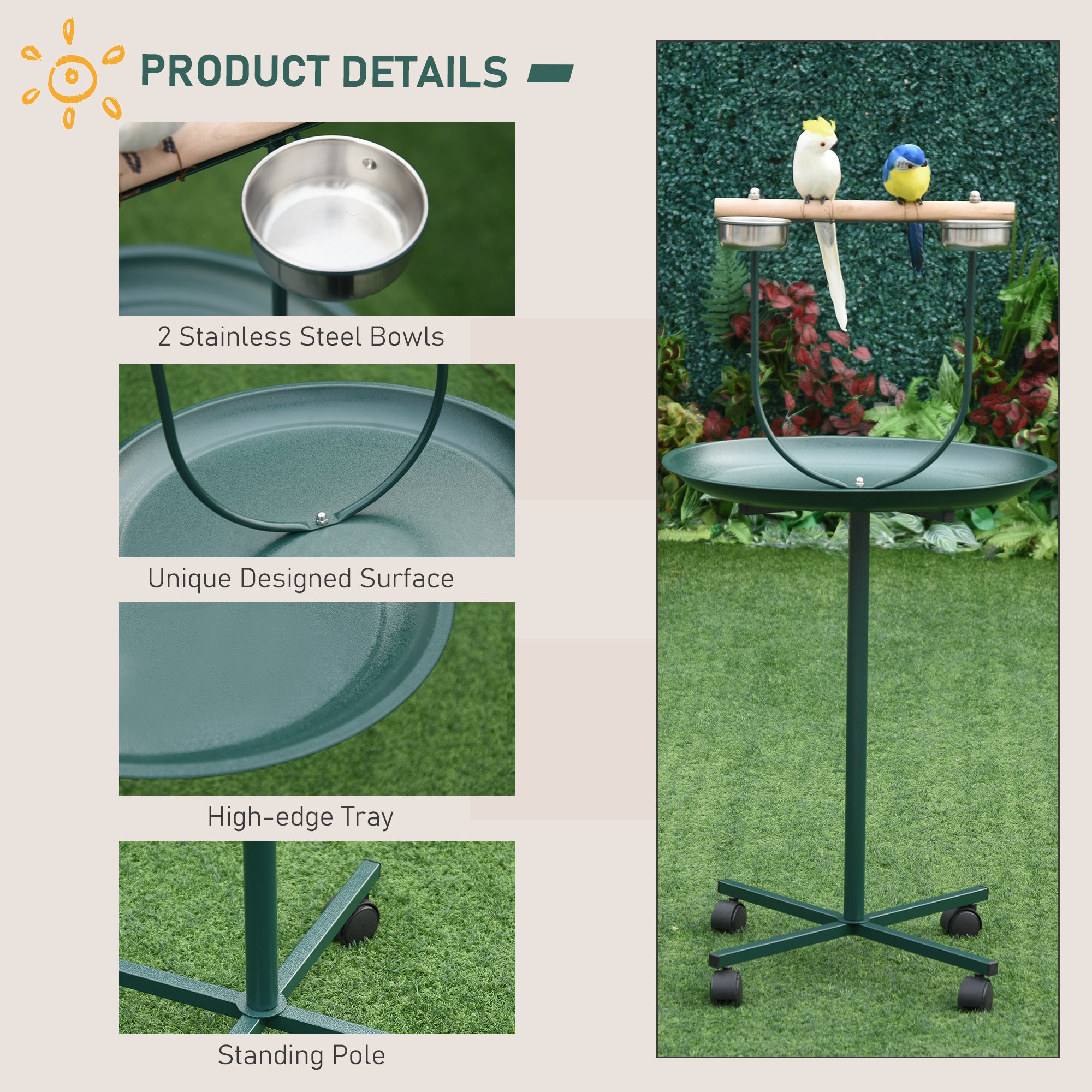 48" Rolling T-Stand, Parrot Stand, Bird Training Activity Playground With Wheels and Perch,, Bird Play Perch, Green