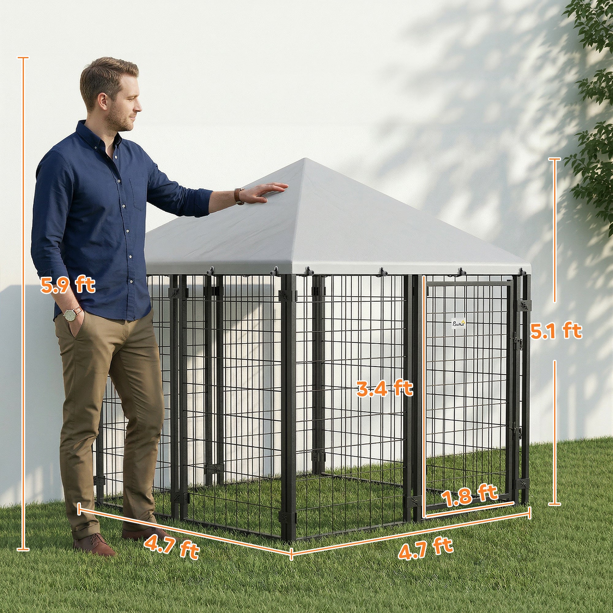 Lockable Dog House Kennel with Water-resistant Roof for Small and Medium Sized Pets, 4.7' x 4.7' x 5.1', Silver