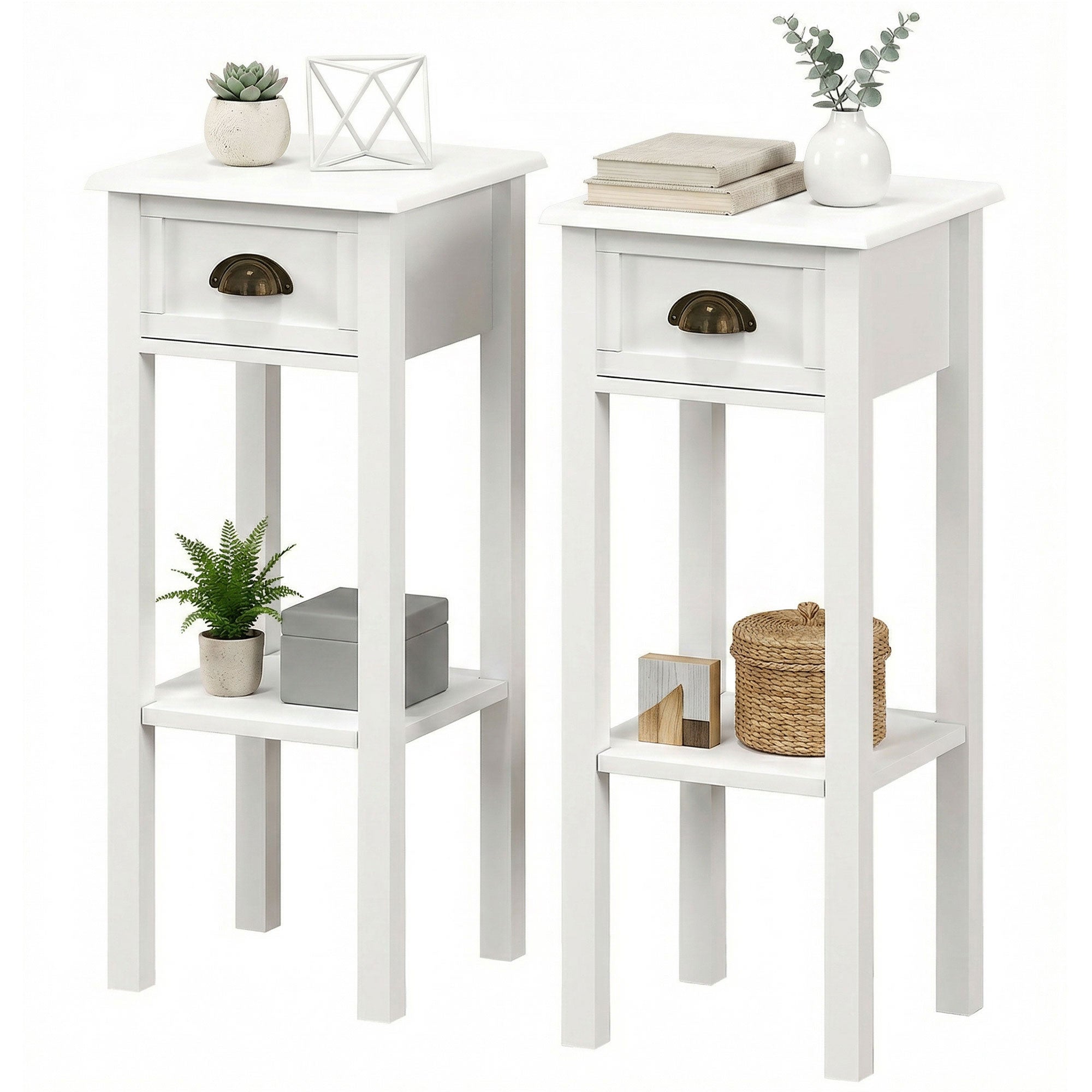 2-Tier Side Tables Set of 2 with Drawer and Shelf, 2 Pieces End Tables for Living Room and Hallway, White