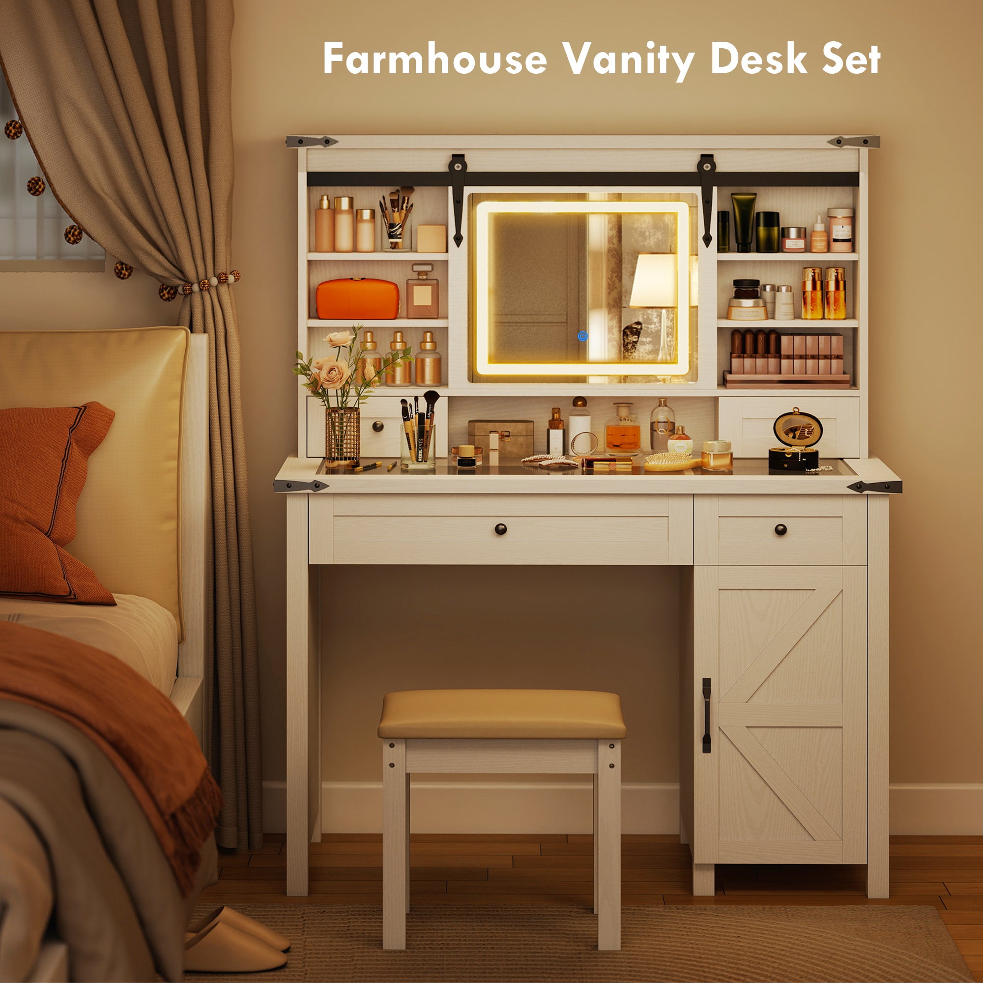 Vanity Desk Set with Mirror and Lights, Cushioned Stool, Storage Drawer, Cabinet, Shelves for Bedroom, White