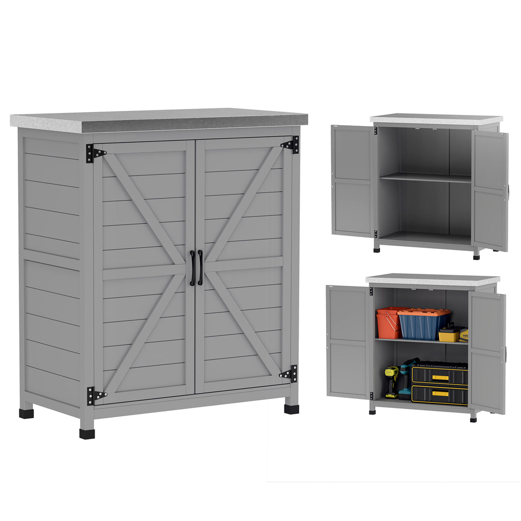 Wooden Storage Cabinet, Outdoor Prep Table with Metal Tabletop, Shelves and Double Doors for Patio, Garden, Gray