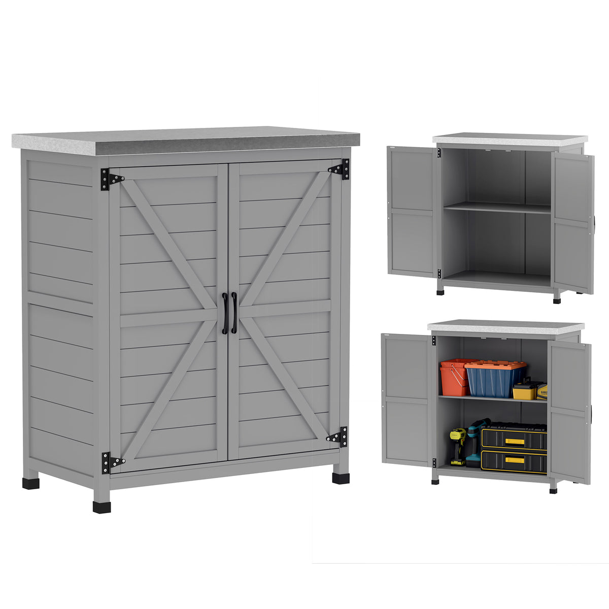 Wooden Storage Cabinet, Outdoor Prep Table with Metal Tabletop, Shelves and Double Doors for Patio, Garden, Gray
