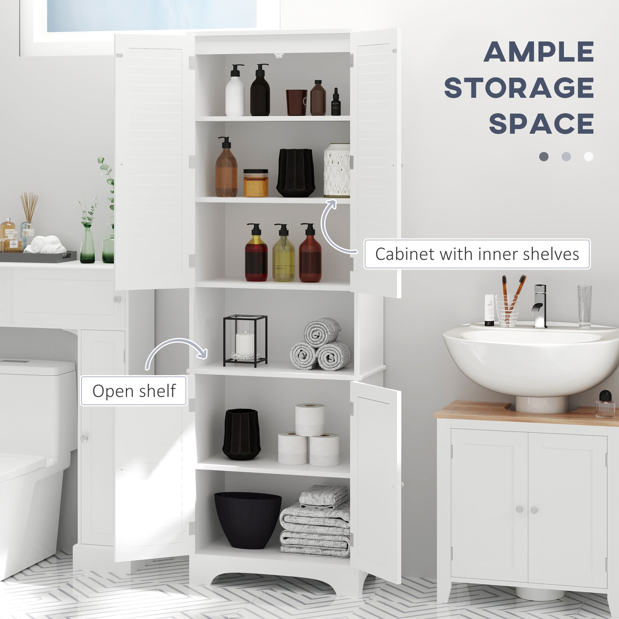 Tall Narrow Bathroom Storage Cabinet with Doors and Shelf Adjustability, Freestanding Linen Cabinet with 2 Cabinets and Countertop, White