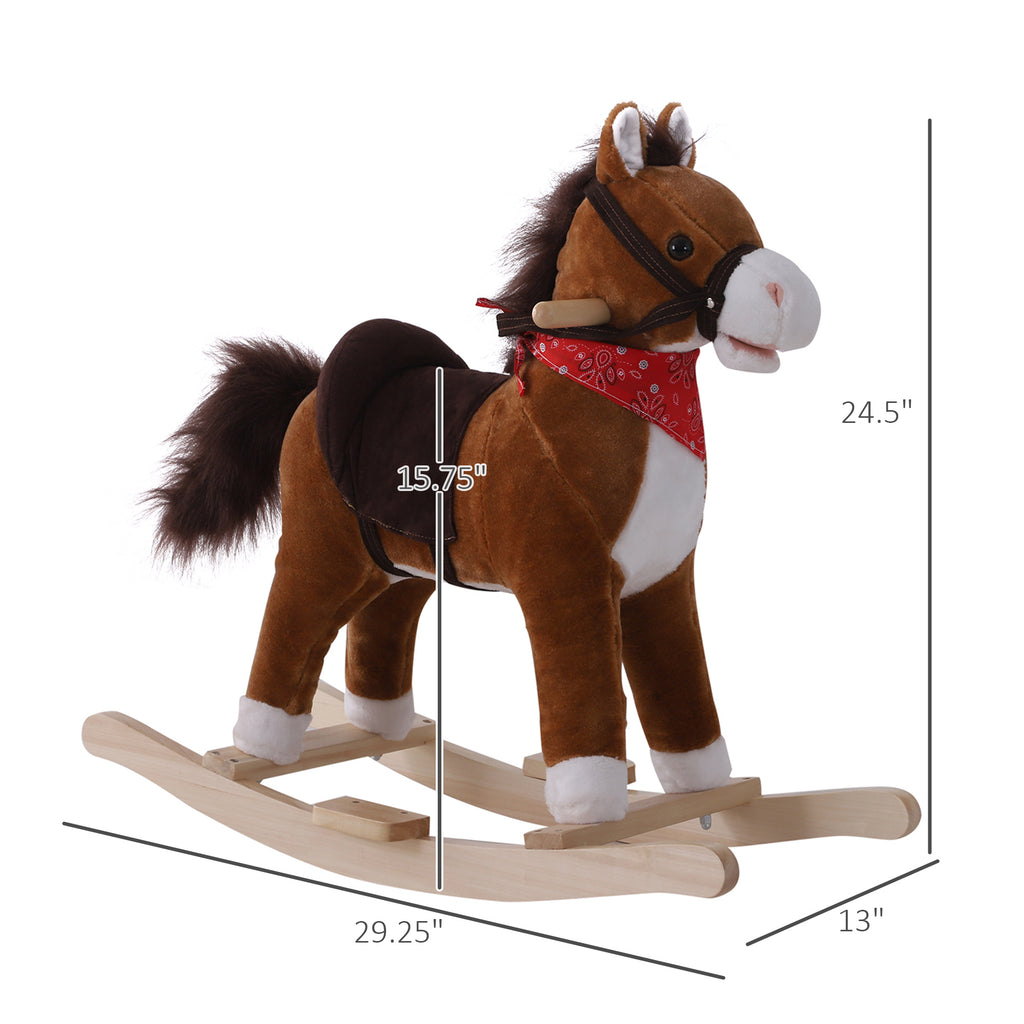 Kids Ride on Rocking Horse Plush Toy with Realistic Sounds and Red Scarf for Over 3 Years Old Birth Gift