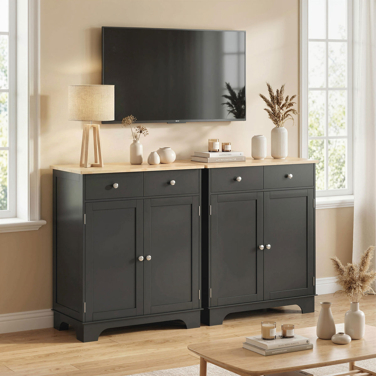 Kitchen Storage Cabinet, Sideboard Floor Cupboard with Solid Wood Top, Adjustable Shelf, and 2 Drawers, Black