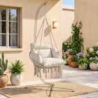 Hammock Swing Chair, Macrame Hanging Chair with Large Cushion, Chain, Steel Frame for Indoor Outdoor Use, Cream White
