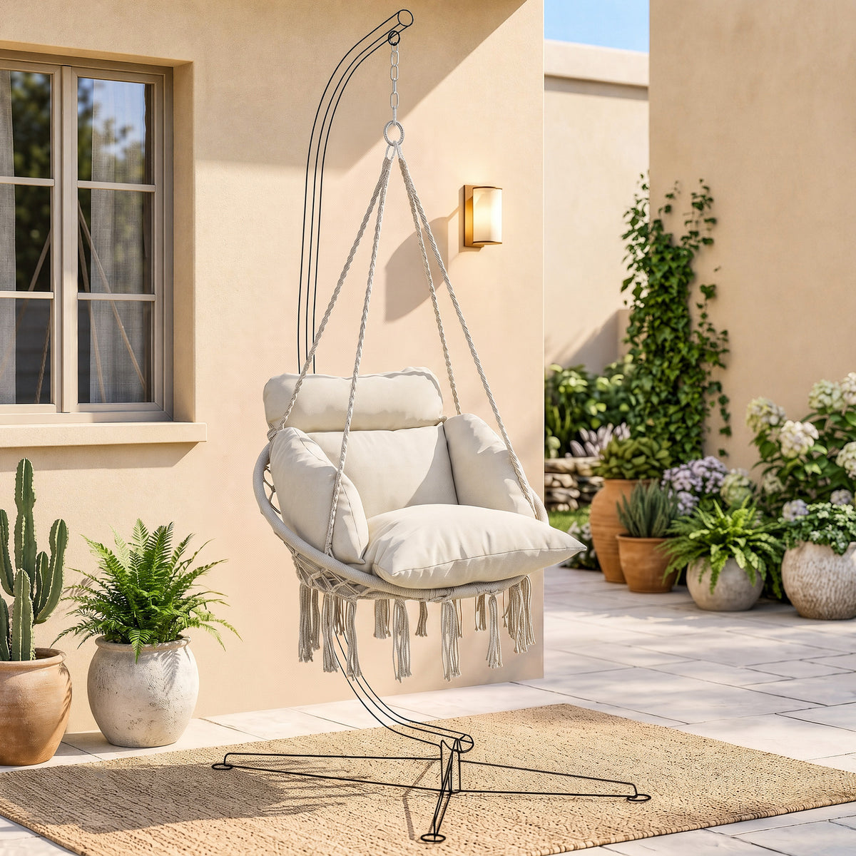 Hammock Swing Chair, Macrame Hanging Chair with Large Cushion, Chain, Steel Frame for Indoor Outdoor Use, Cream White