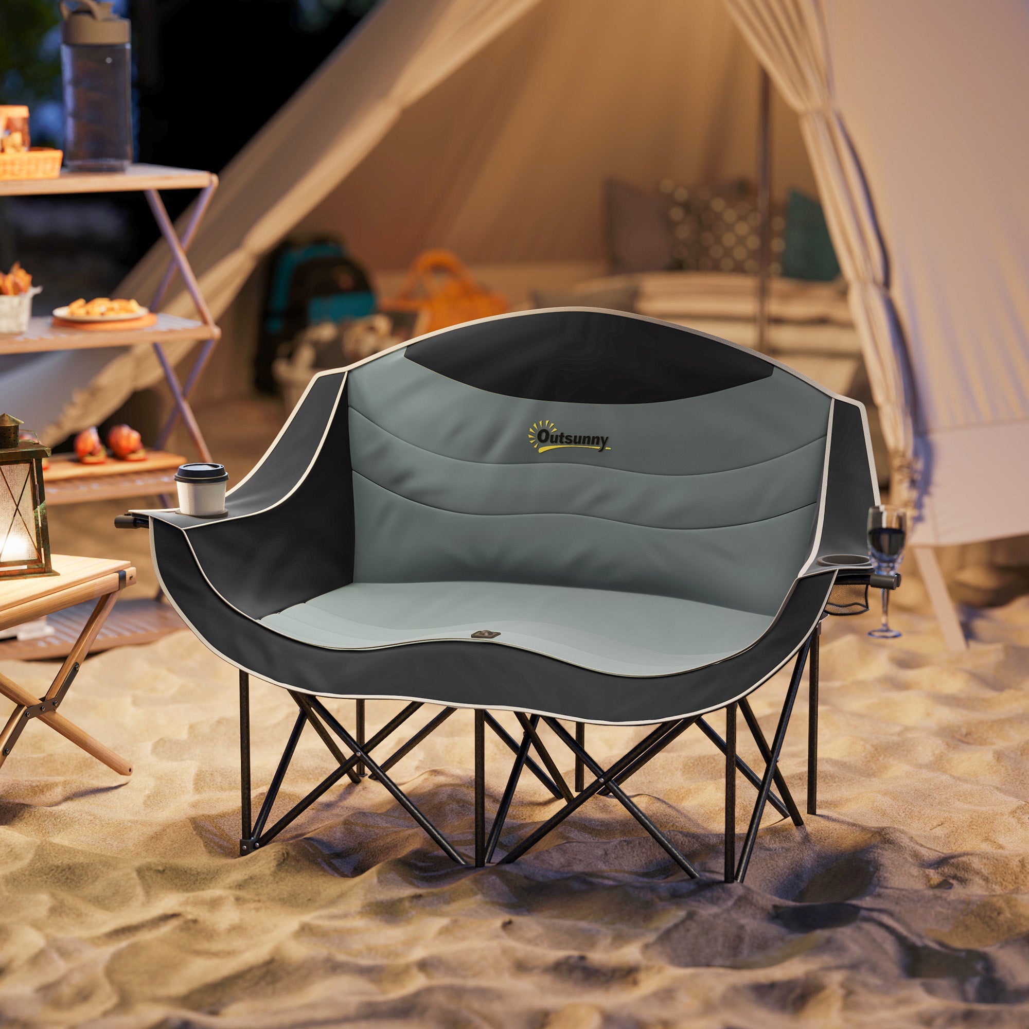 Padded Folding Camp Chair for Adults, Double Camping Chair with Armrests, Cup Holders, Carry Bag for Outdoor, Black