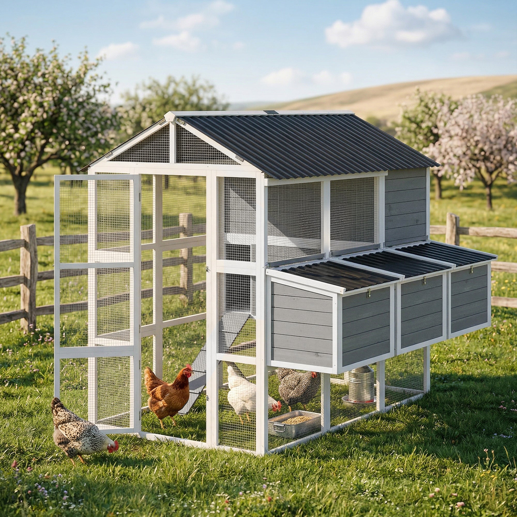 77" Large Chicken Coop for 6-8 Chickens, Outdoor Wooden Hen House Poultry Cage with Run, Nesting Boxes, Waterproof Roof
