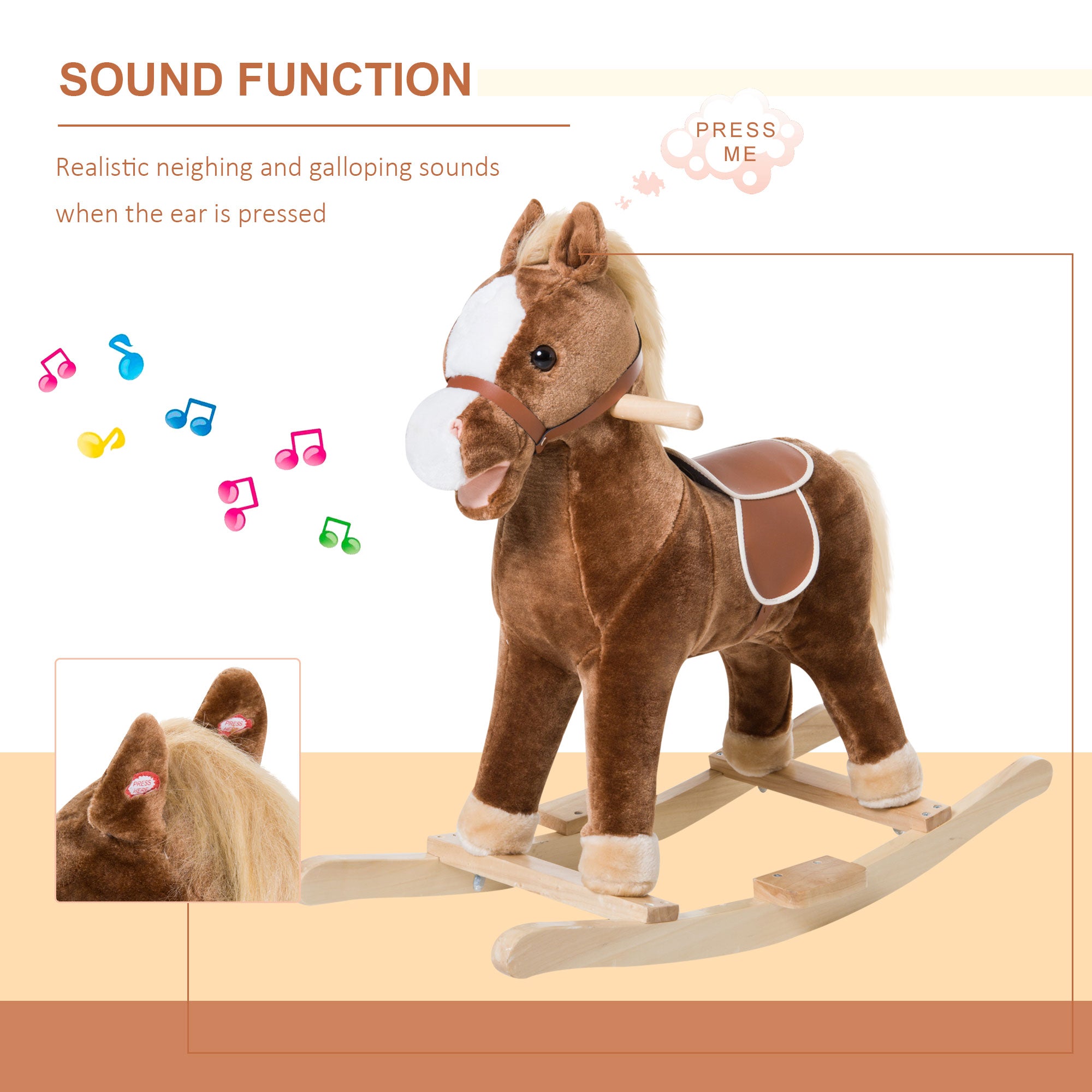 Kids Ride on Rocking Horse Toddler Plush Toy with Realistic Sounds for 3-6 Years Old Children - Brown